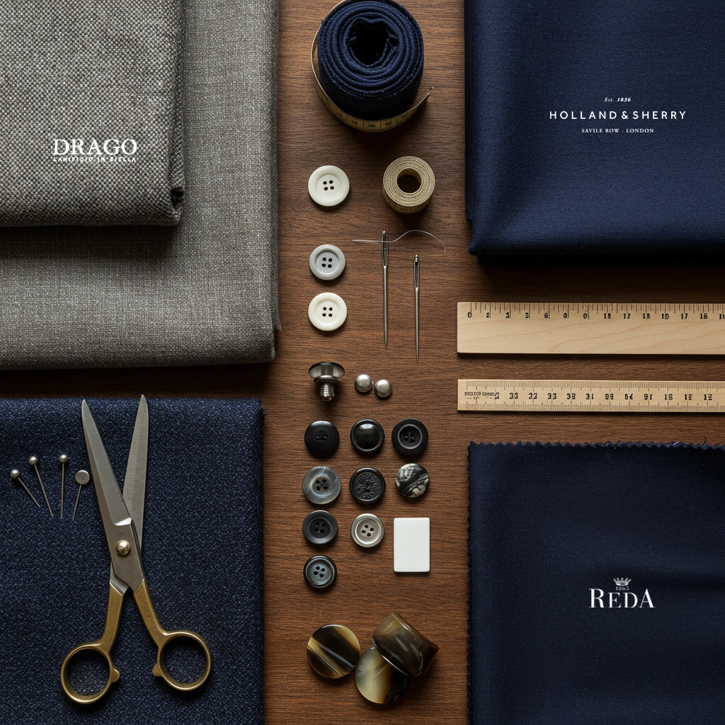 Tailoring tools and fabric swatches with buttons, scissors, and rulers on a wooden surface for bespoke suit making.