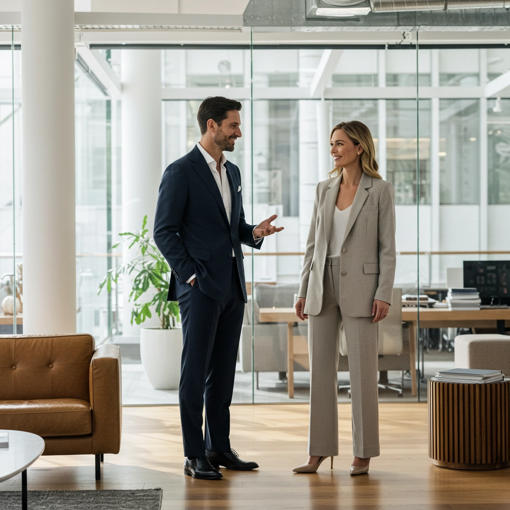 Two business professionals in suits having a discussion in a modern office setting.
