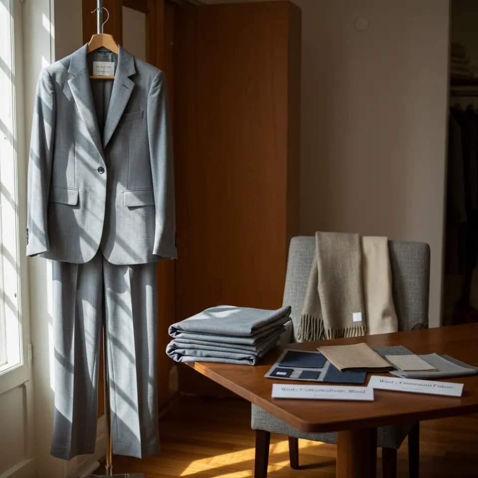 Gray suit on hanger in bright room with folded fabrics and swatches on table. Stylish formal wear display.