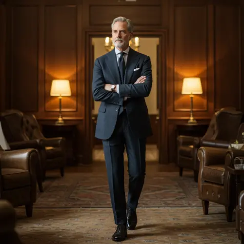 Sophisticated man in a suit standing in elegant, wood-paneled room with warm lighting and leather chairs.