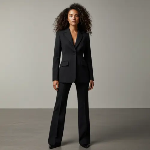 Person in a stylish black bespoke suit standing against a neutral background.