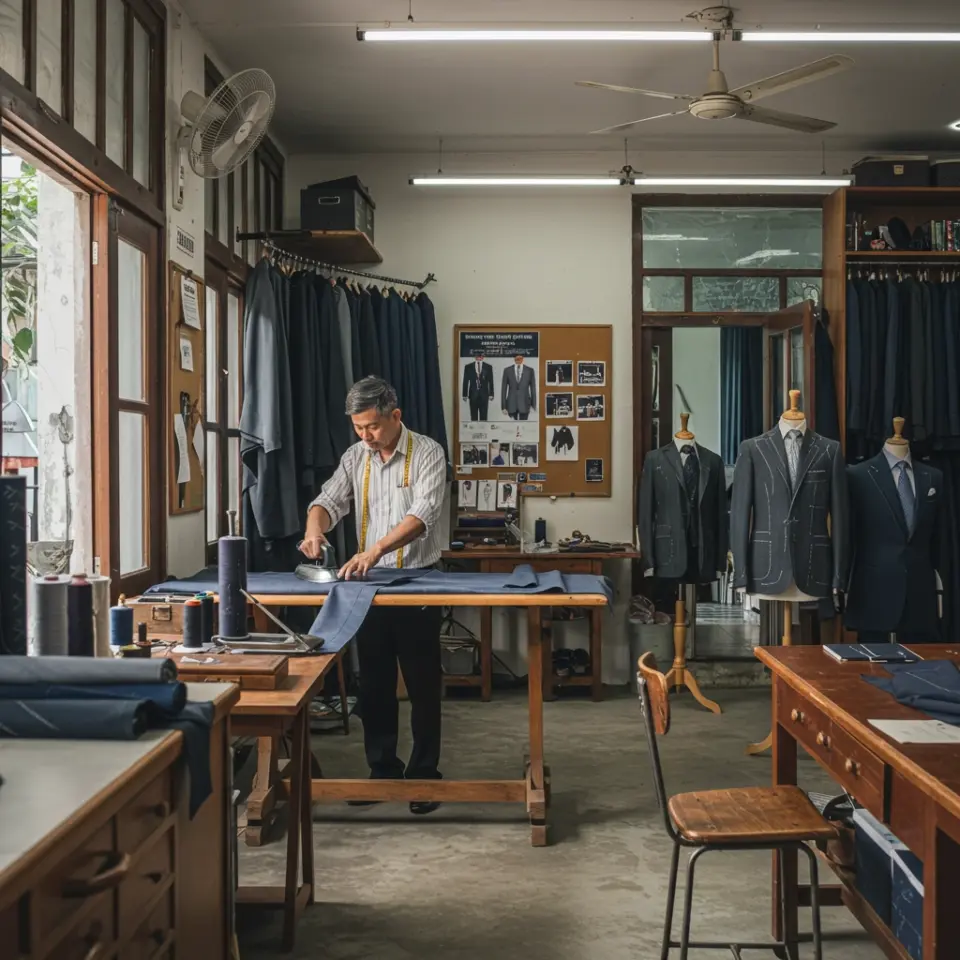 Tailor ironing fabric in a bespoke suit shop filled with suits, mannequins, and sewing materials.