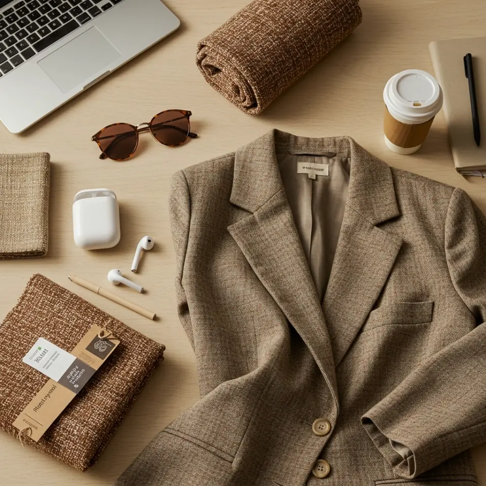 Flat lay of stylish blazer, sunglasses, laptop, coffee cup, and accessories on a desk.