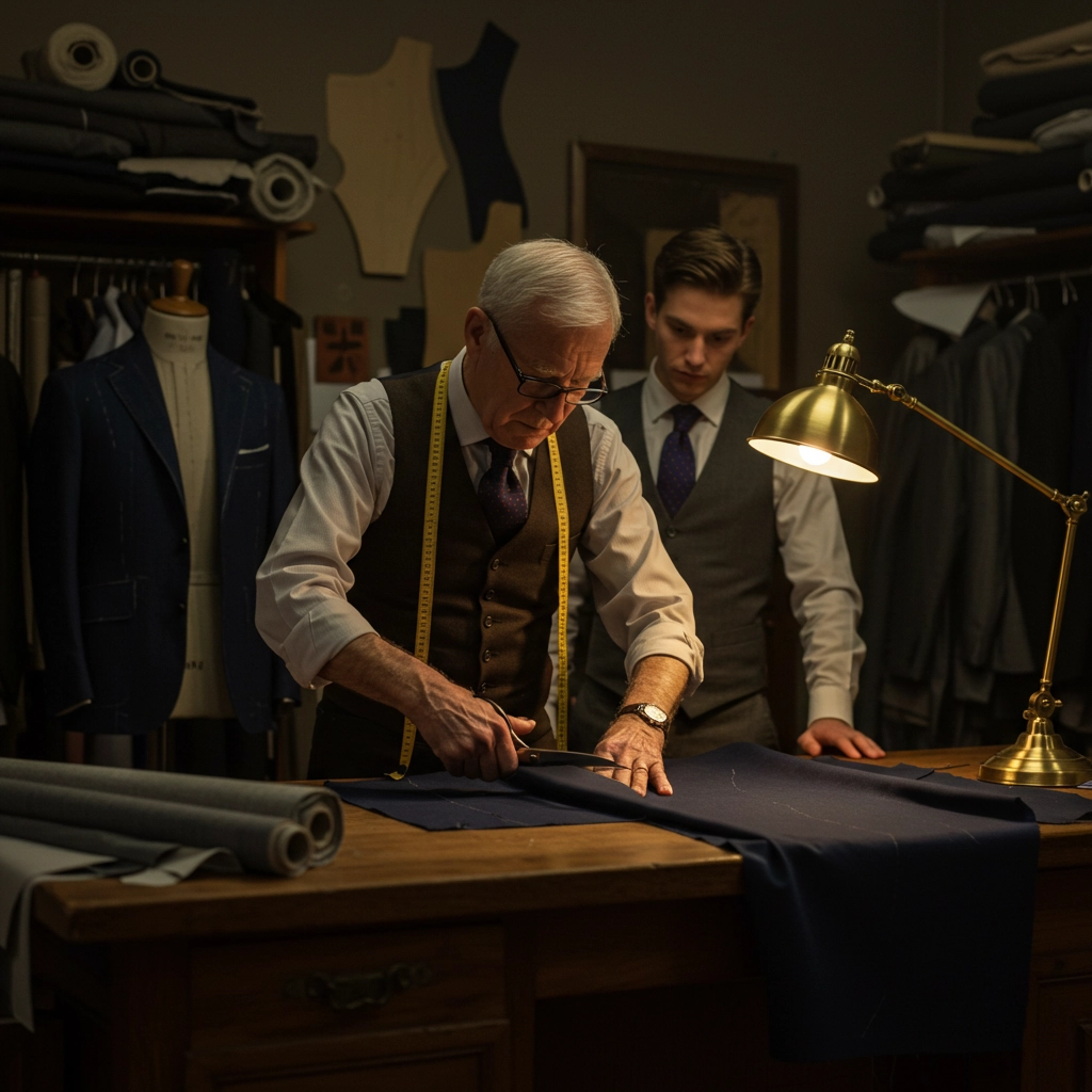 Tailor expertly cuts fabric under warm lamp, young assistant observes in the workshop filled with suits and materials.