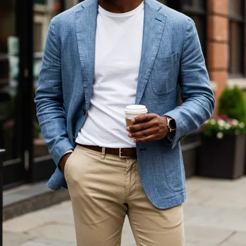 Man in stylish blue blazer holding coffee, walking downtown. Casual fashion, urban lifestyle.