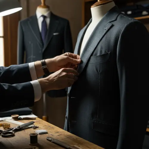 Tailor adjusting bespoke suit details on mannequin in workshop, showcasing craftsmanship that partially reflects bespoke tailoring cost