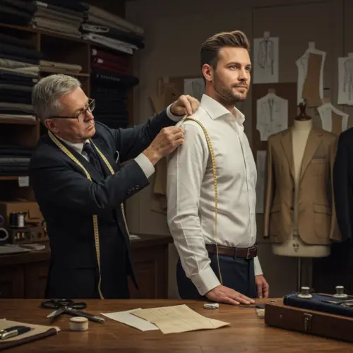 Tailor measuring man in a shirt for a custom suit fitting at a tailor shop, with fabrics and patterns in the background.
