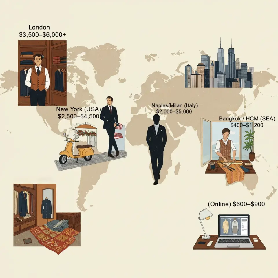 Global bespoke tailoring cost map: London $3.5K-$6K+, New York $2.5K-$4.5K, Milan $2K-$5K, Bangkok $400-$1.2K, Online $600-$900.