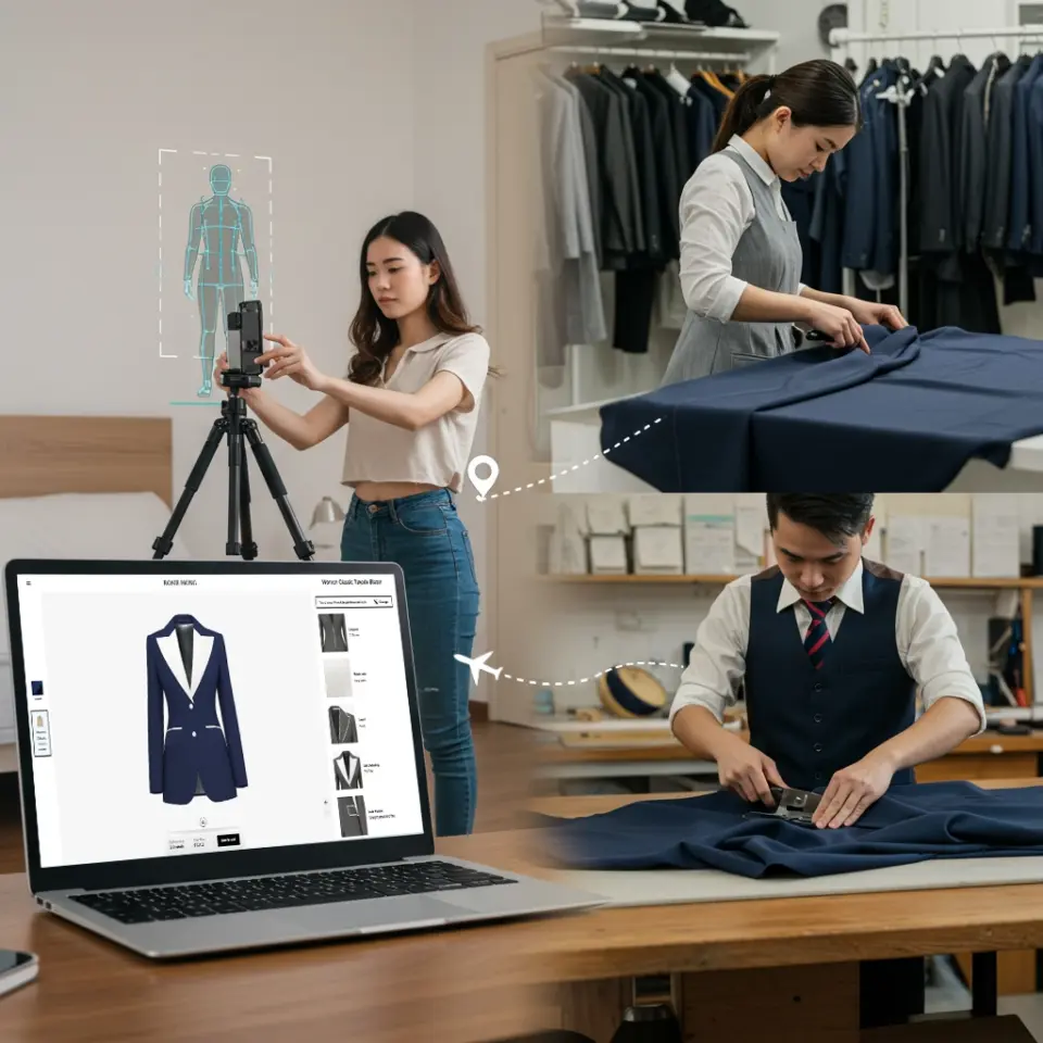 Tailor using technology for custom suit design and production with virtual fitting software and fabric cutting.