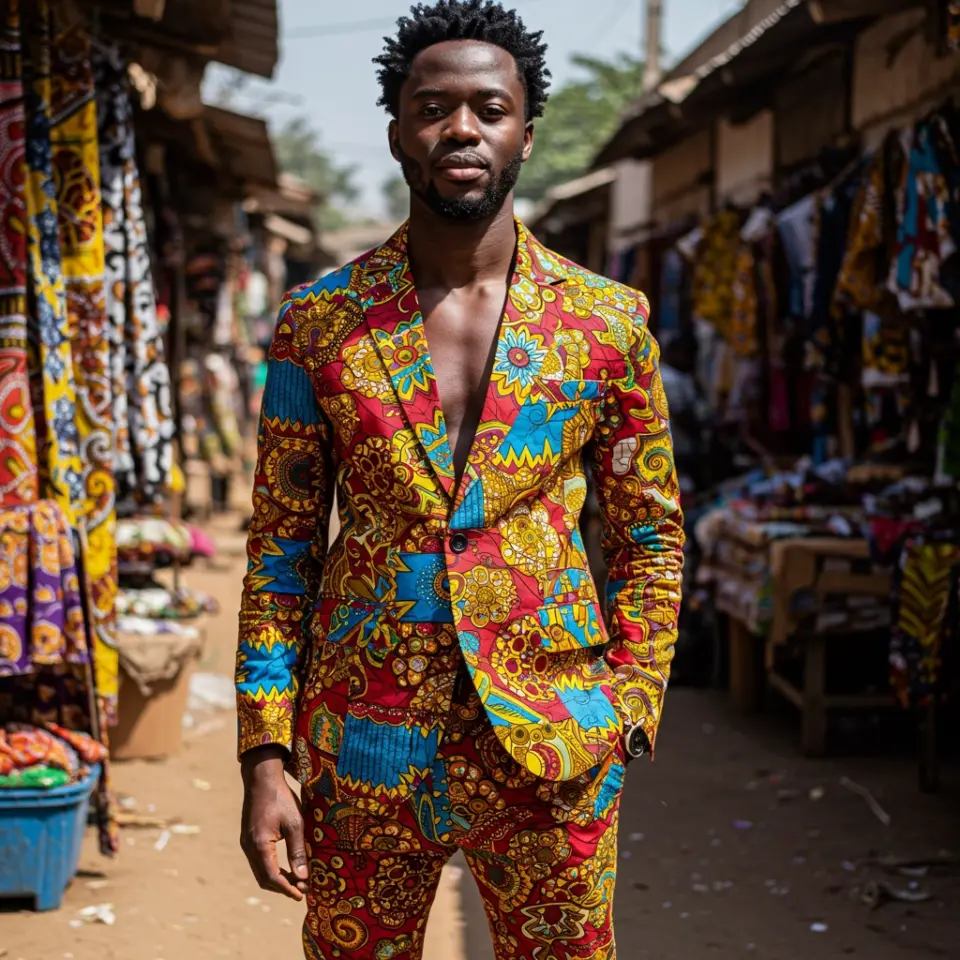 Man in vibrant African print suit standing in a colorful marketplace, showcasing cultural fashion and style.