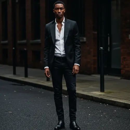 Man in a dark tuxedo bespoke tailored suits and white shirt stands confidently on an urban street.