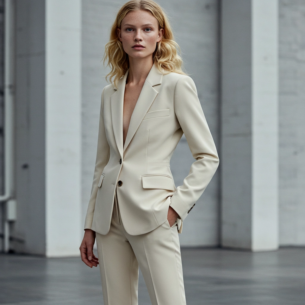 Woman in elegant beige suit standing in modern, minimalist setting.