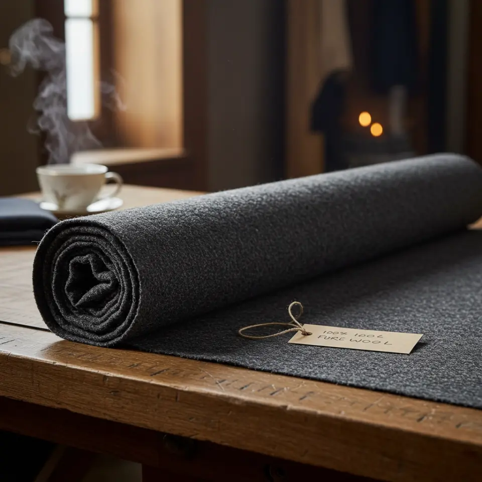 Roll of gray wool on a rustic table with a steaming cup and a cozy room atmosphere.