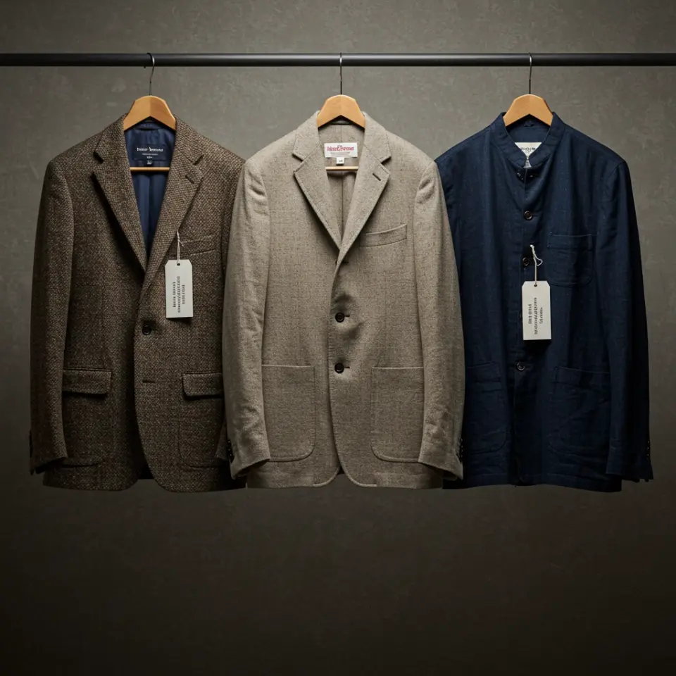 Three stylish bespoke tailored suits on hangers: brown checkered, beige, and dark blue jackets. Ideal for elegant men's fashion.