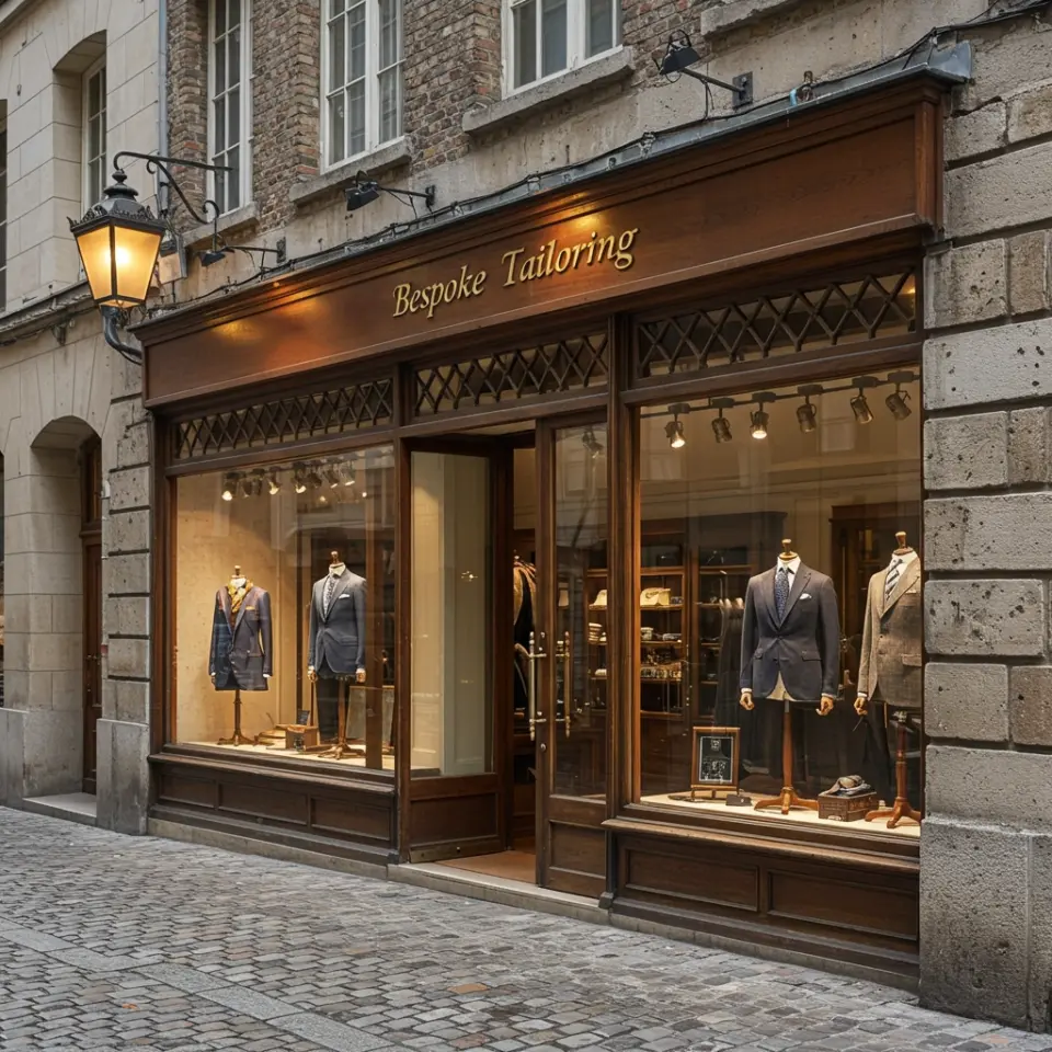 Elegant tailor shopfront with suits on display, highlighting bespoke tailoring on a quaint cobblestone street.