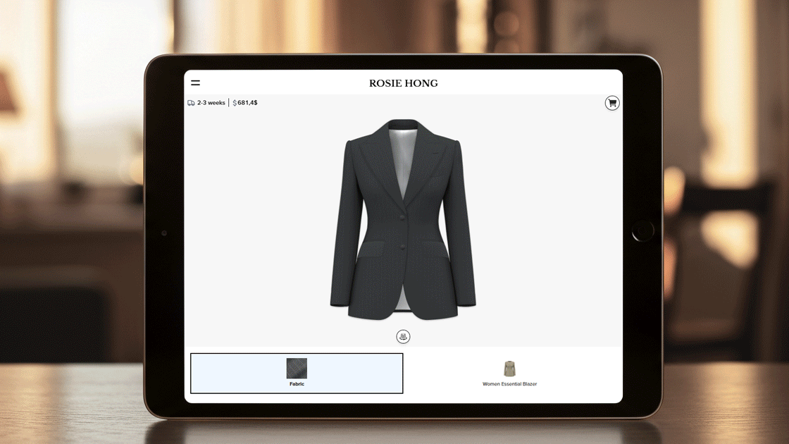 Elegant black women's blazer displayed on tablet screen, available to customize order online at Rosie Hong.
