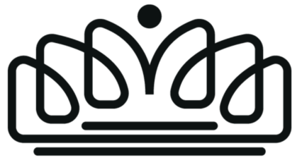 Ornate black crown logo with abstract leaf-like design elements.