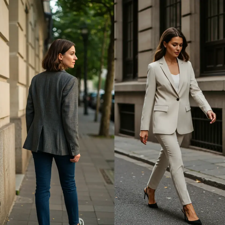 Two women walking, one in a casual blazer and jeans, the other in an elegant cream suit, showcasing fashion styles.