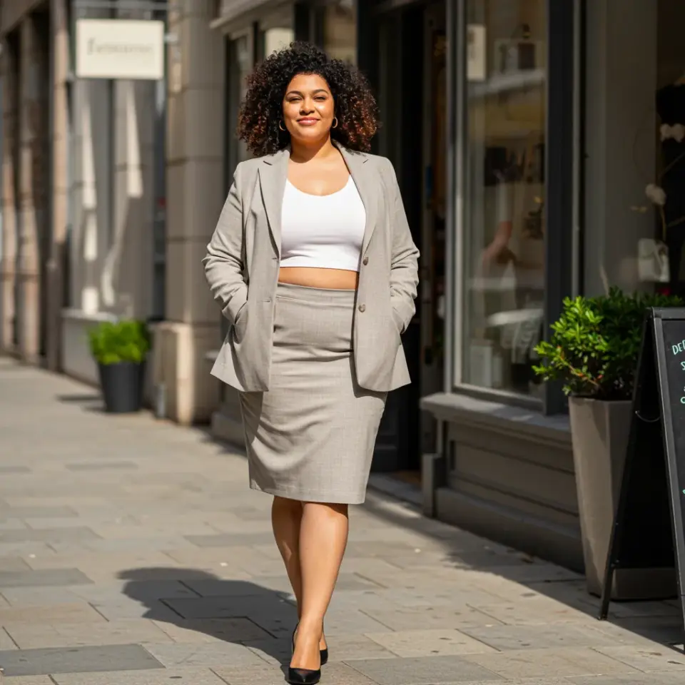 Confident woman in business attire walks down city street on a sunny day, smiling and looking empowered.