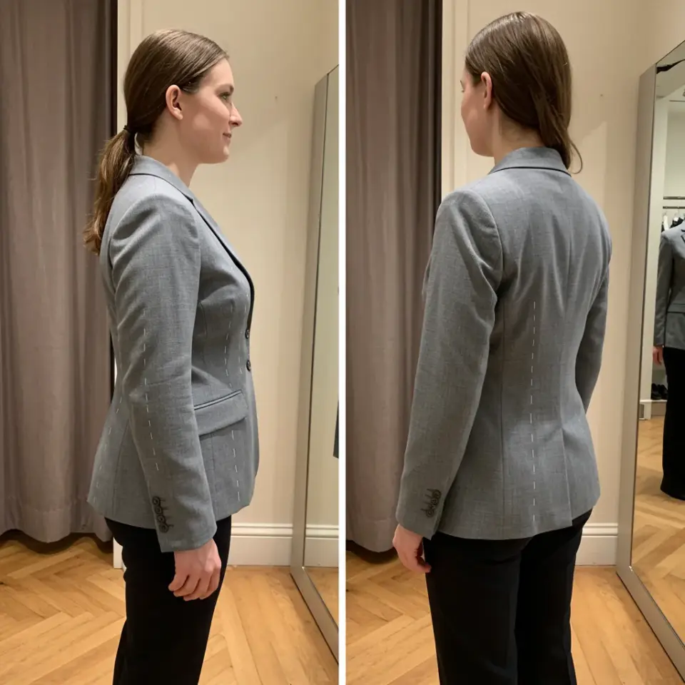 Two women with different body shapes wearing tailored gray suit jackets, shown from side and back views, standing in a fitting room.