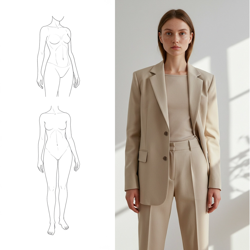 Fashion model in beige suit next to body sketches, showcasing style and fit. Minimalist outfit with tailored blazer and pants.