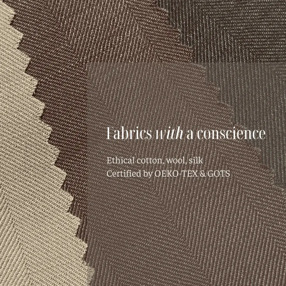 Ethical fabrics sample; cotton, wool, silk, certified by OEKO-TEX & GOTS. Sustainable textile options.