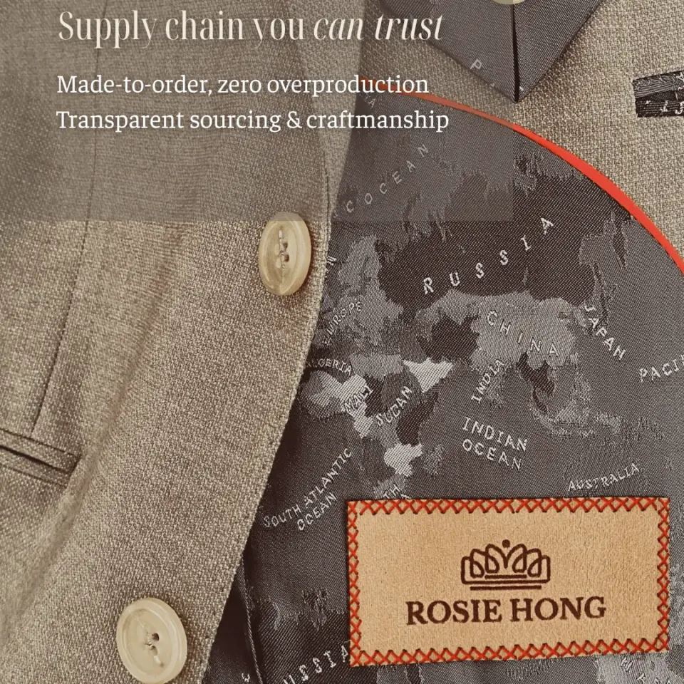 Close-up of jacket lining with world map design, emphasizing transparent sourcing and craftsmanship by Rosie Hong.