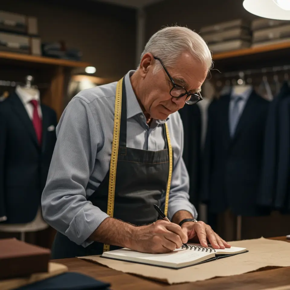 Elderly traditional tailor in workshop, wearing glasses and apron, writing in notebook with suits in background, measuring tape around neck.