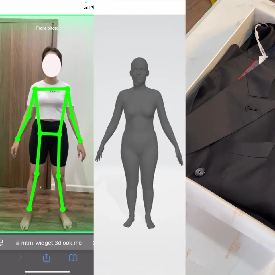 3D body scan, digital model, and tailored suit in box for precise clothing fit.