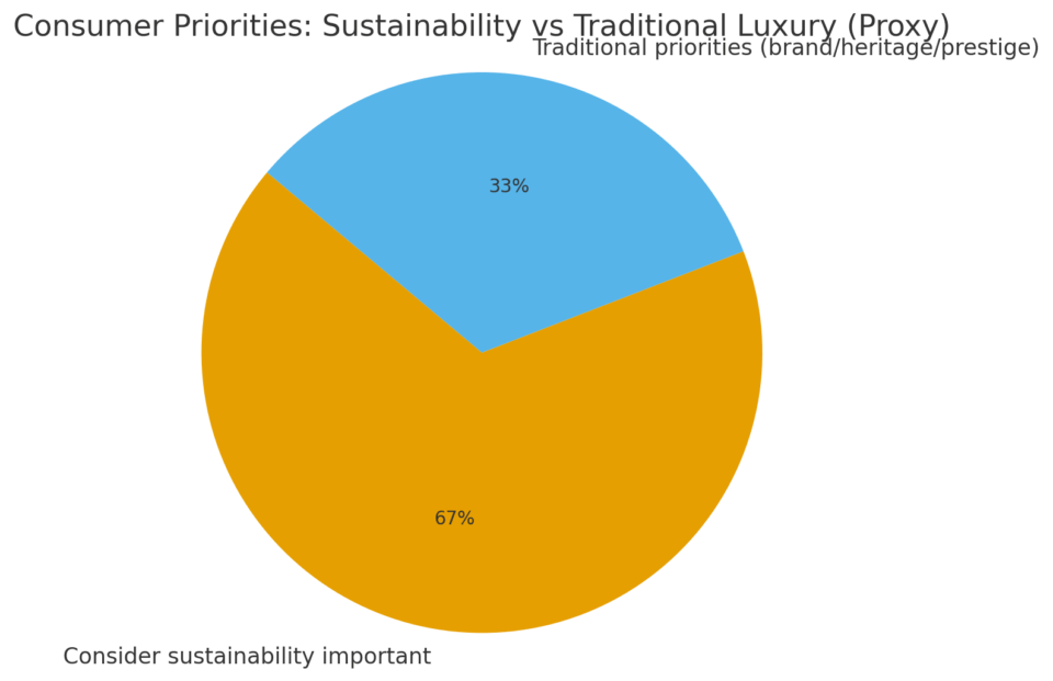 Pie chart showing consumer priorities: 67% favor sustainability, 33% prefer traditional luxury values.