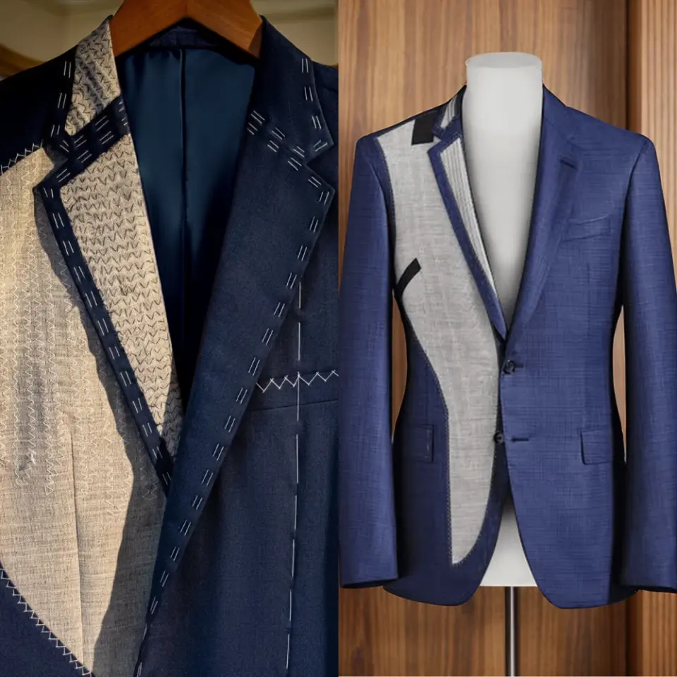 Blue tailored suit jacket showcasing detailed interior stitching and artisan craftsmanship.