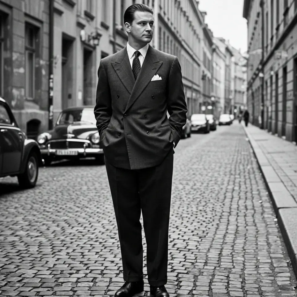 Man in vintage suit standing on cobblestone street, classic cars in background. Retro fashion in urban setting.