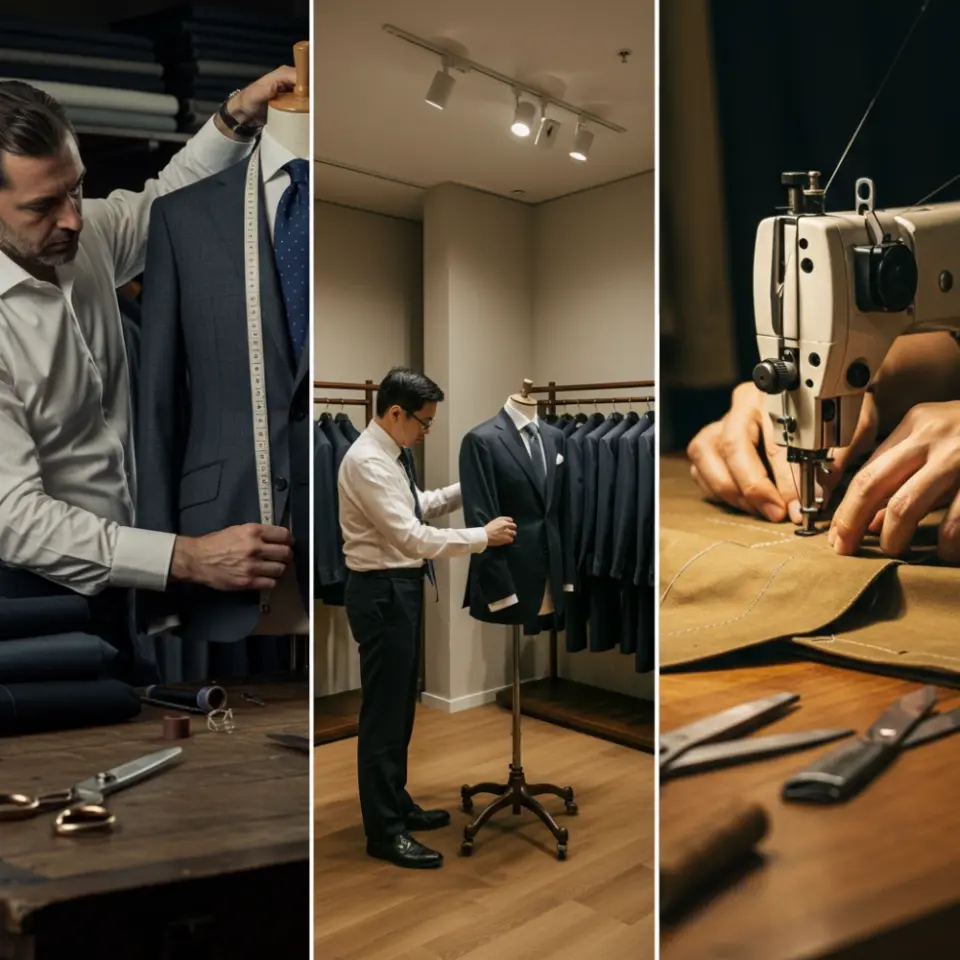 Tailors crafting bespoke suits: measuring, fitting, and sewing. Fine tailoring and craftsmanship in focus.