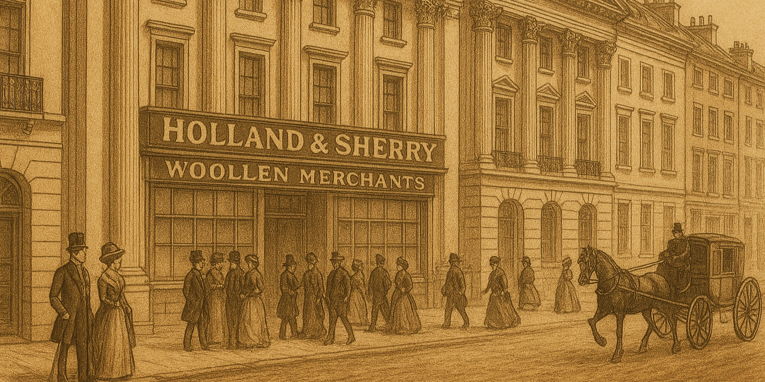 Historic Holland & Sherry woolen store with people and a horse-drawn carriage on a vintage city street.