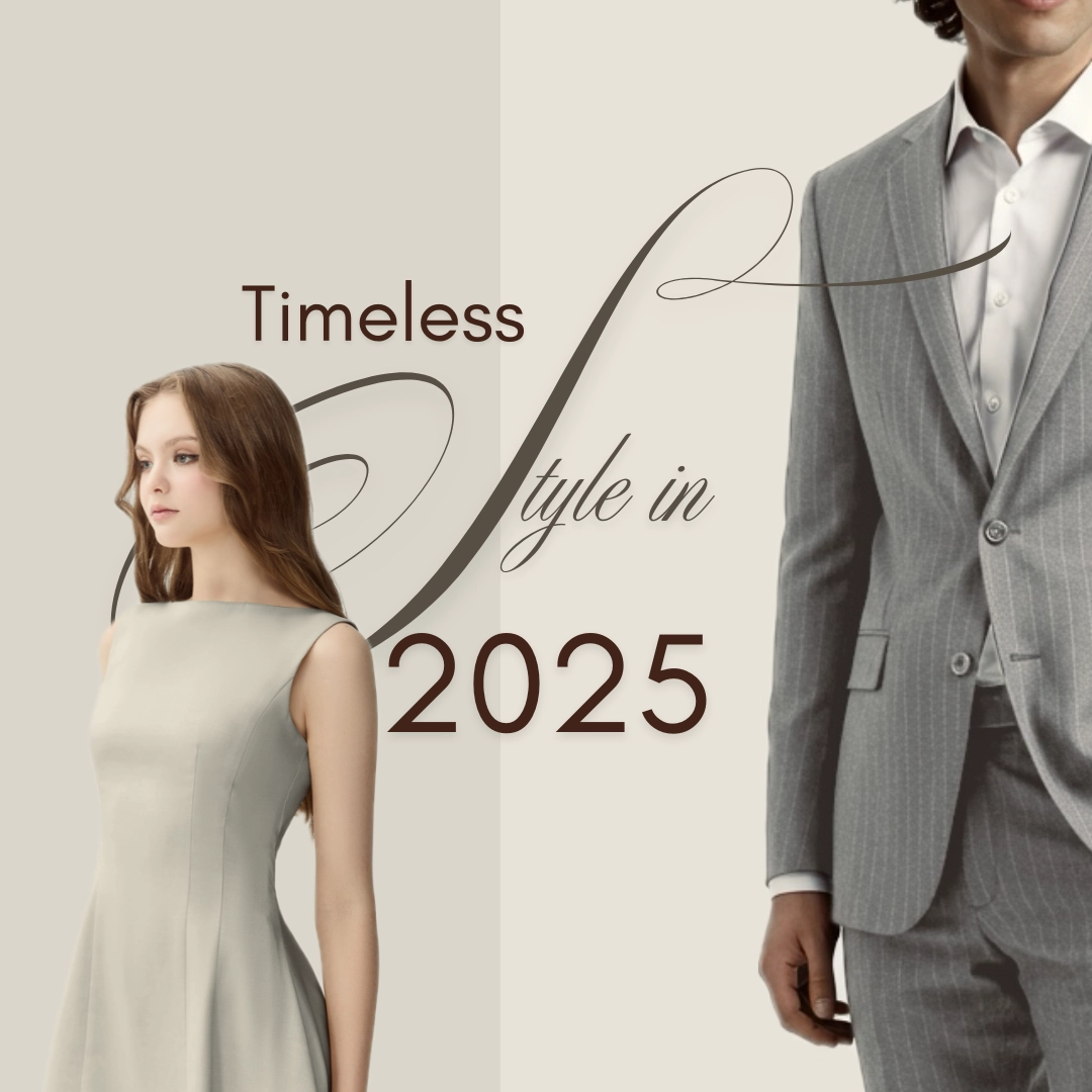 Elegant fashion trends for 2025, featuring a woman in a beige dress and a man in a tailored gray suit.