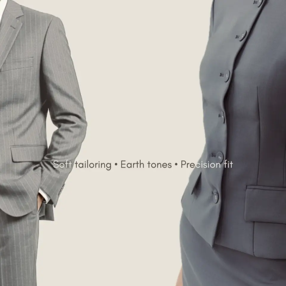 Two bespoke business suits in muted earth tones, reflecting luxury fashion trends with soft tailoring and precision fit for a refined, professional look.
