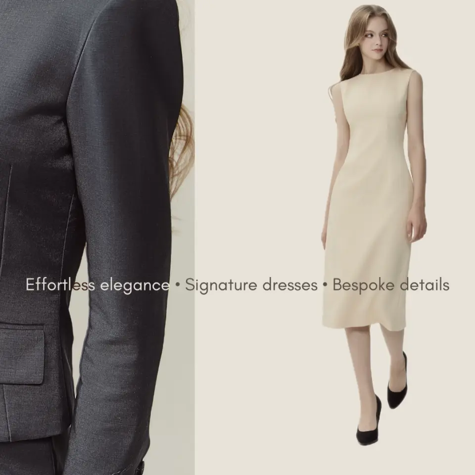 Elegant woman in a cream dress with black suit detail, showcasing bespoke fashion design and signature style.