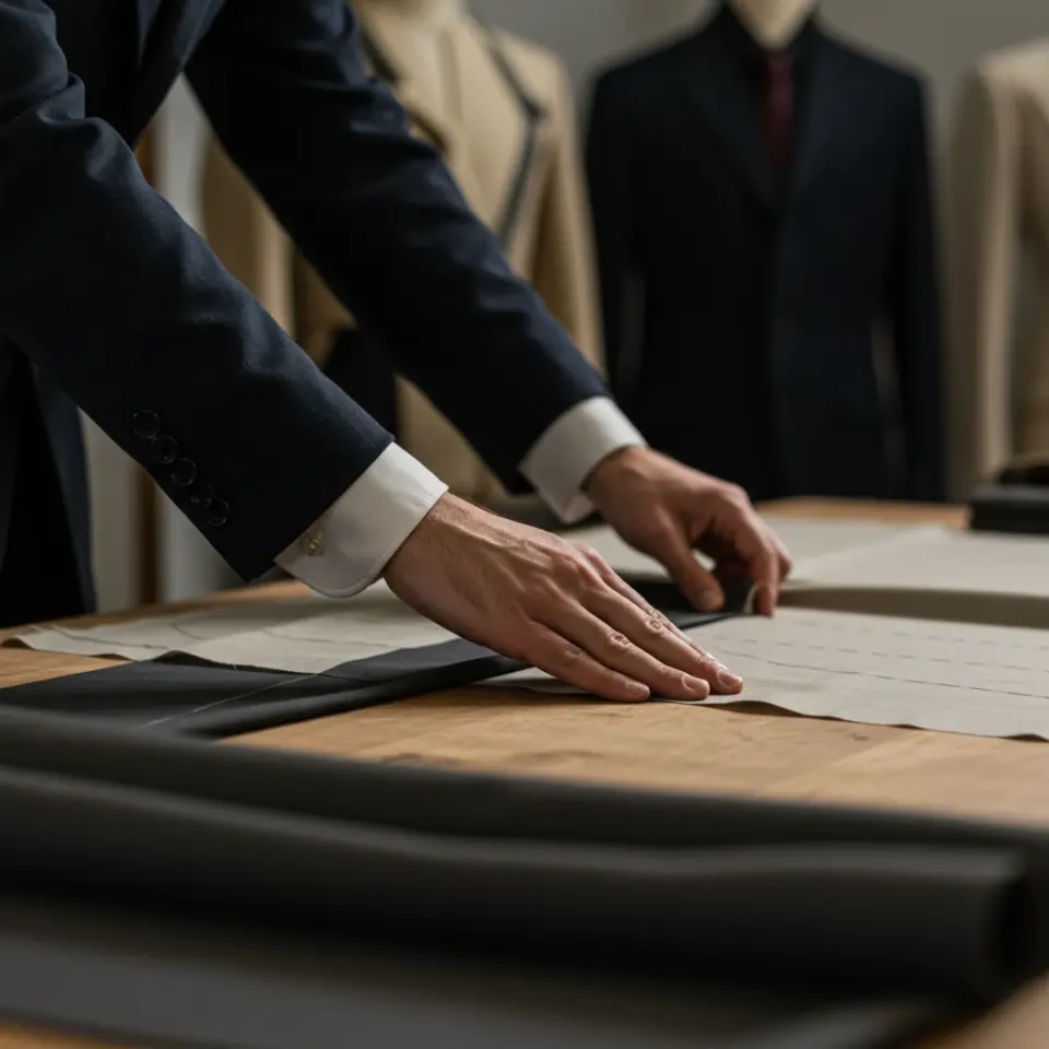 Tailor crafting suit with precision in workshop, fabric on table surrounded by mannequins in background.
