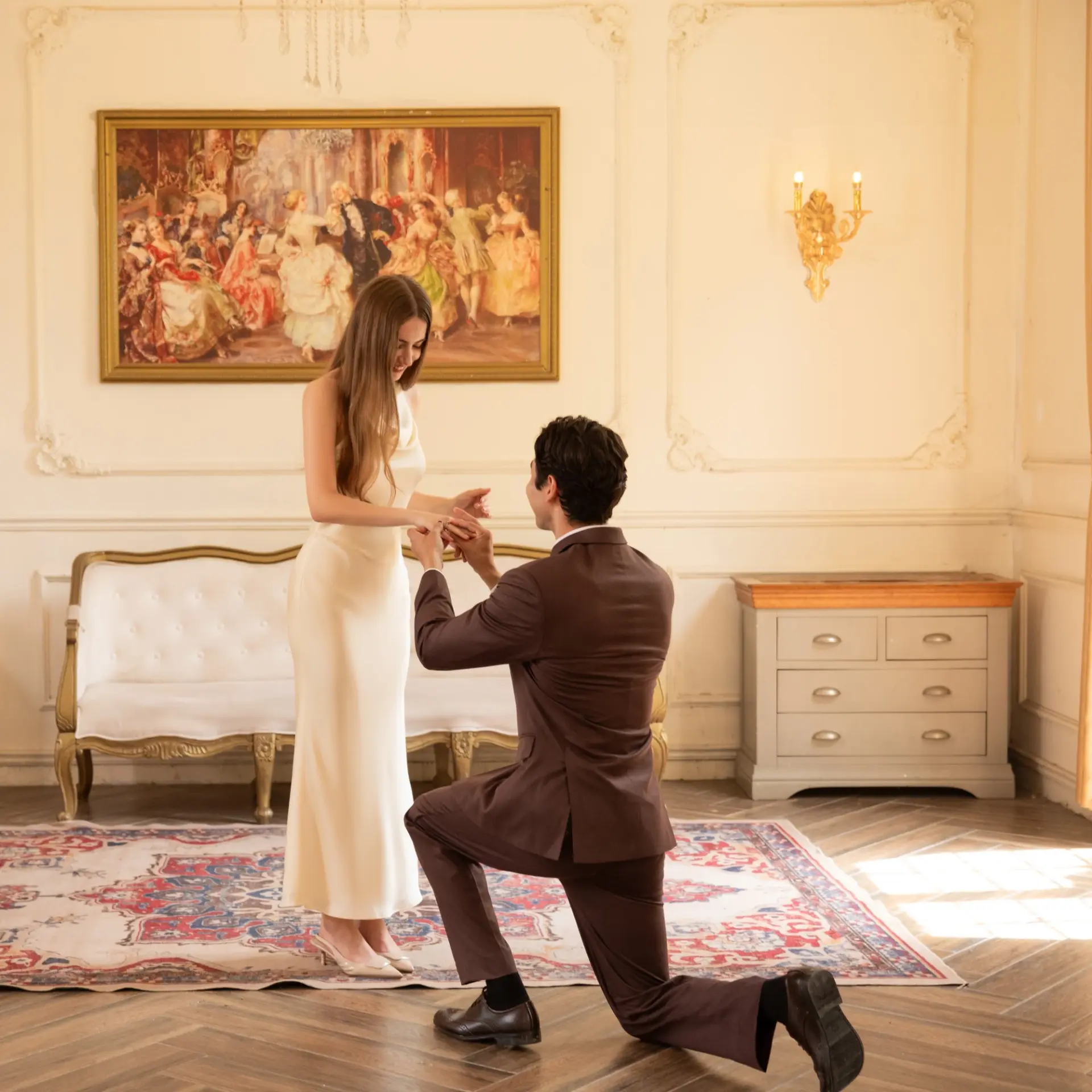 Man proposing to woman in elegant room, capturing a romantic engagement moment.
