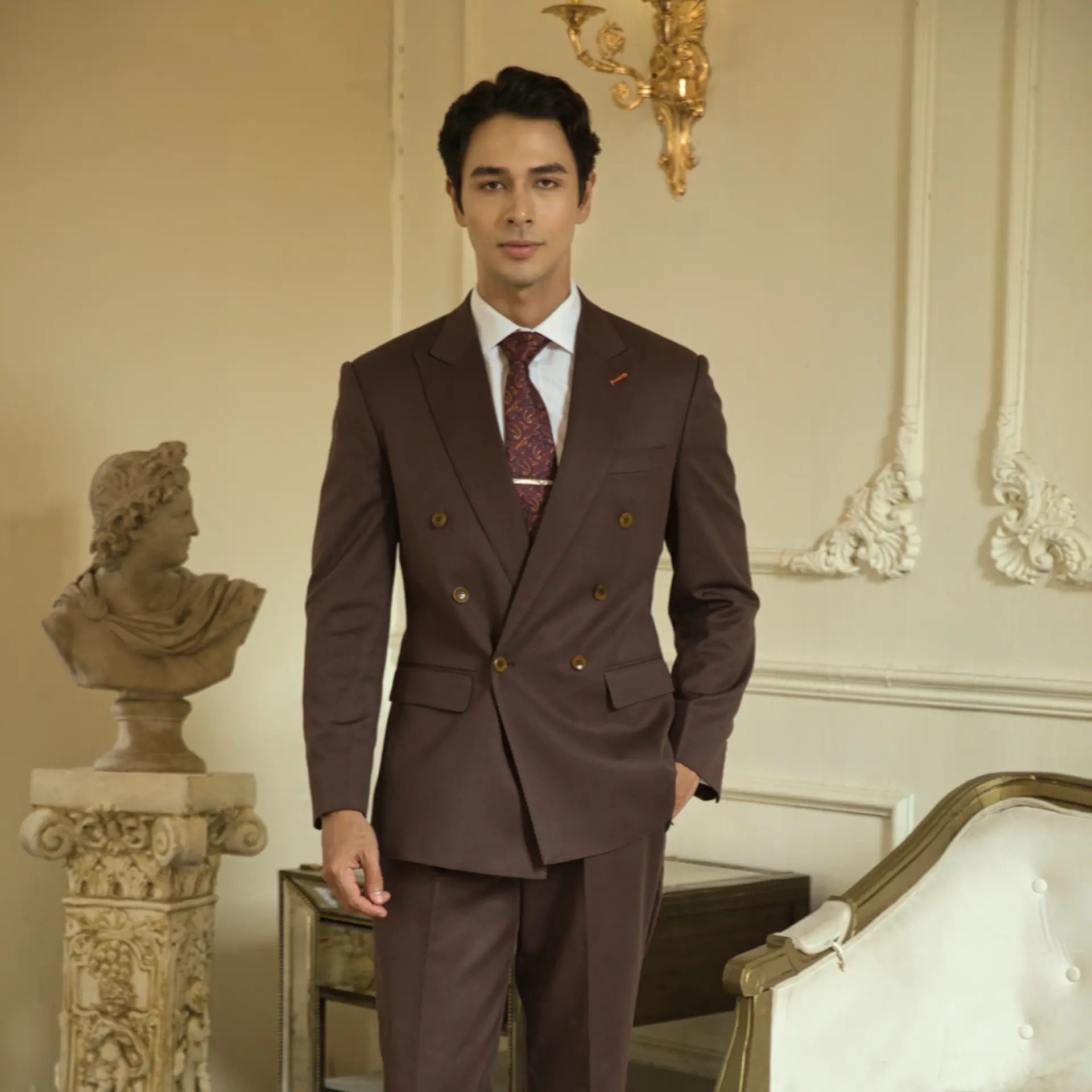 Young man in elegant brown suit stands in a classic room, with a statue and ornate wall decor.