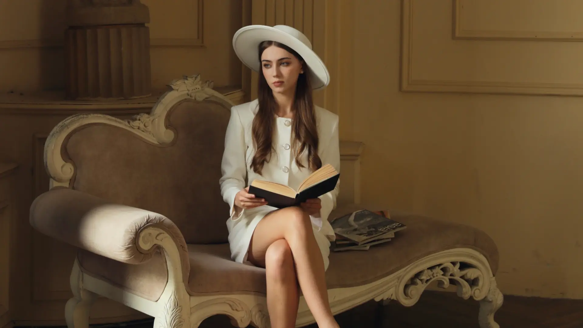Woman in elegant white outfit and hat sits on vintage sofa, engrossed in a book, ambient light surrounding.