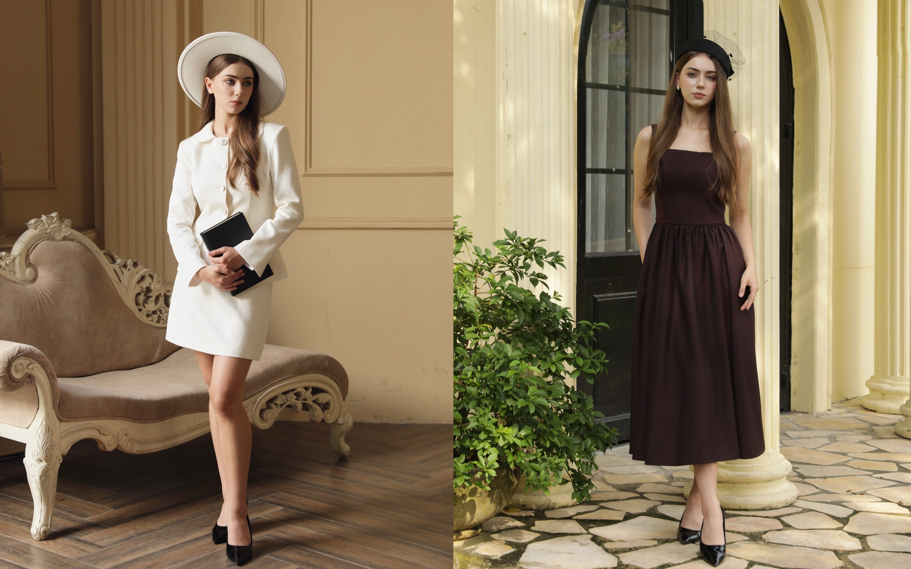 Elegant woman wearing a white suit and wide-brim hat indoors; same woman in a brown dress outdoors.