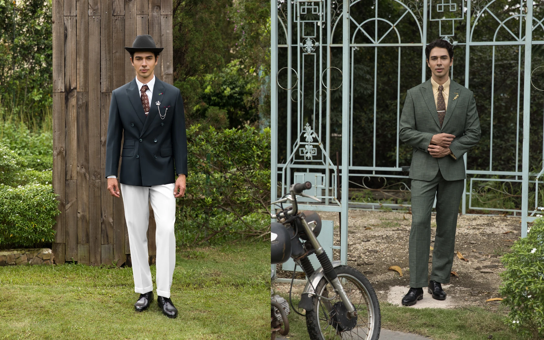 Two stylish men in suits, one in a cowboy hat, outdoors by a vintage motorcycle and elegant ironwork gate.