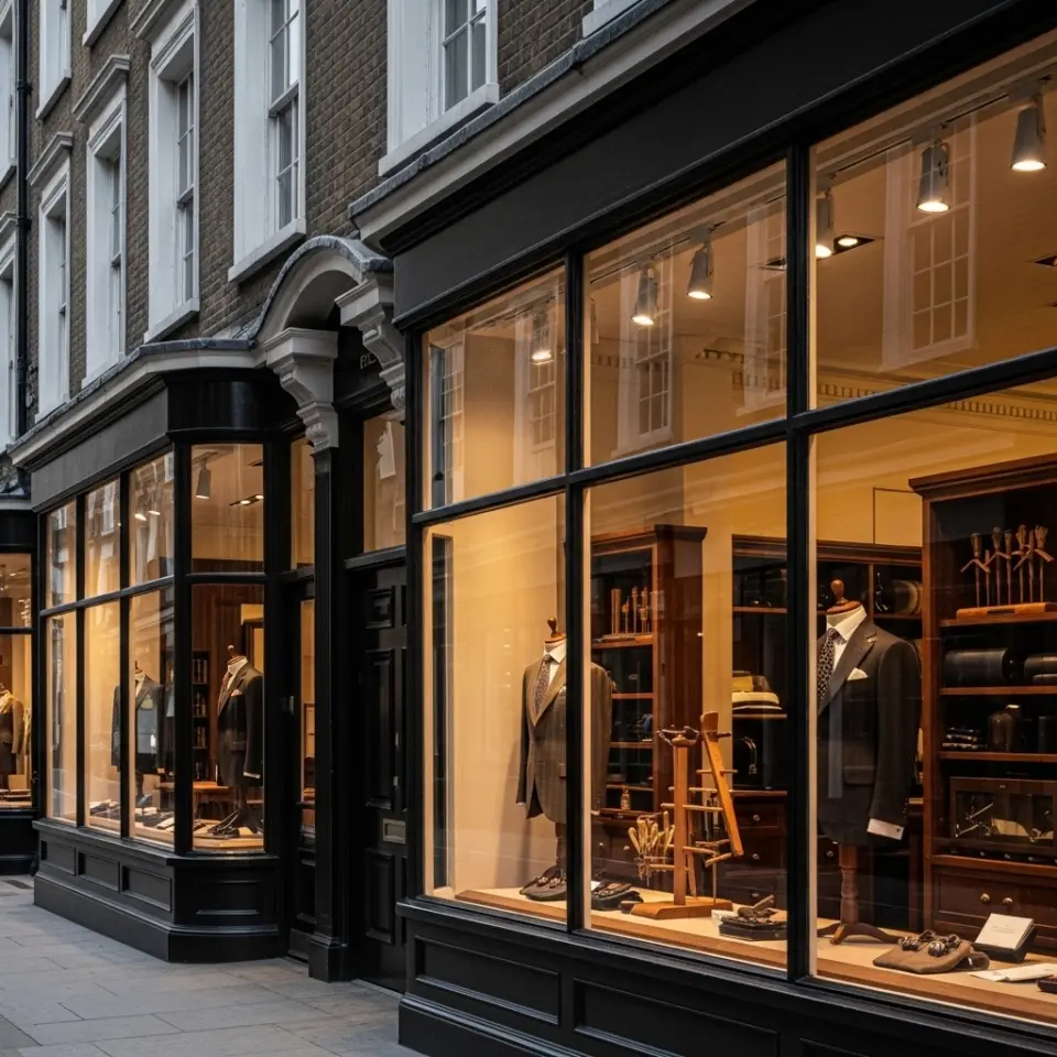Elegant bespoke tailoring sshop with tailored suits in a well-lit window display, set on a classic cobblestone street.