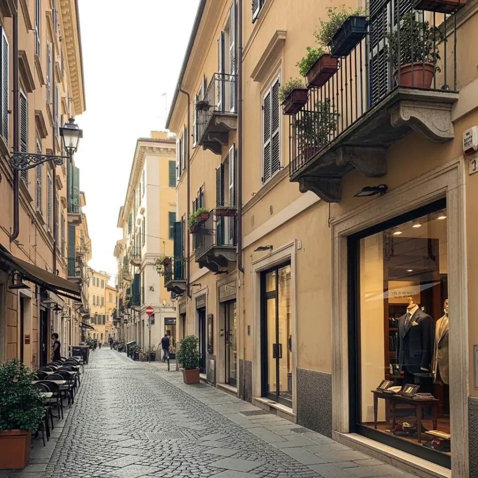 Charming European cobblestone street with vintage buildings and storefronts, lined with outdoor seating and lush balconies.