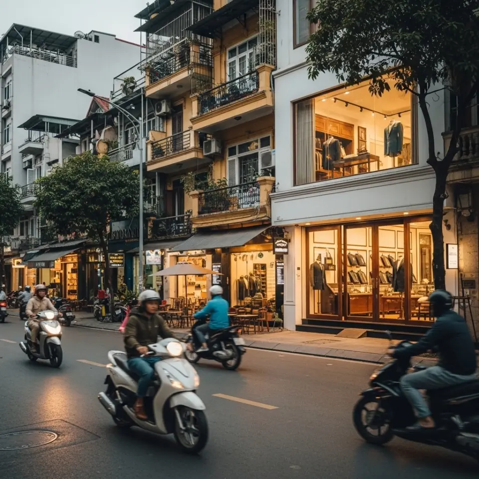 Motorbikes pass by lit clothing stores on a bustling city street, lined with trees and urban architecture.