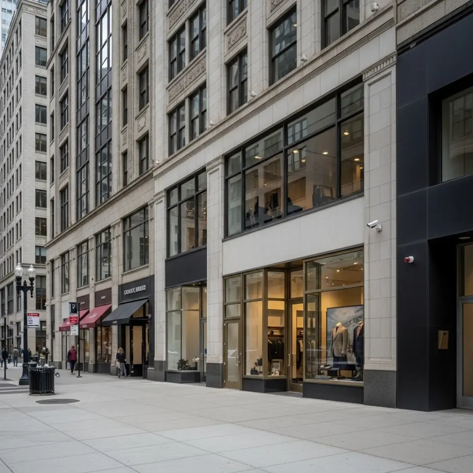 Urban street view with city buildings, showcasing storefronts and pedestrians on a cloudy day.