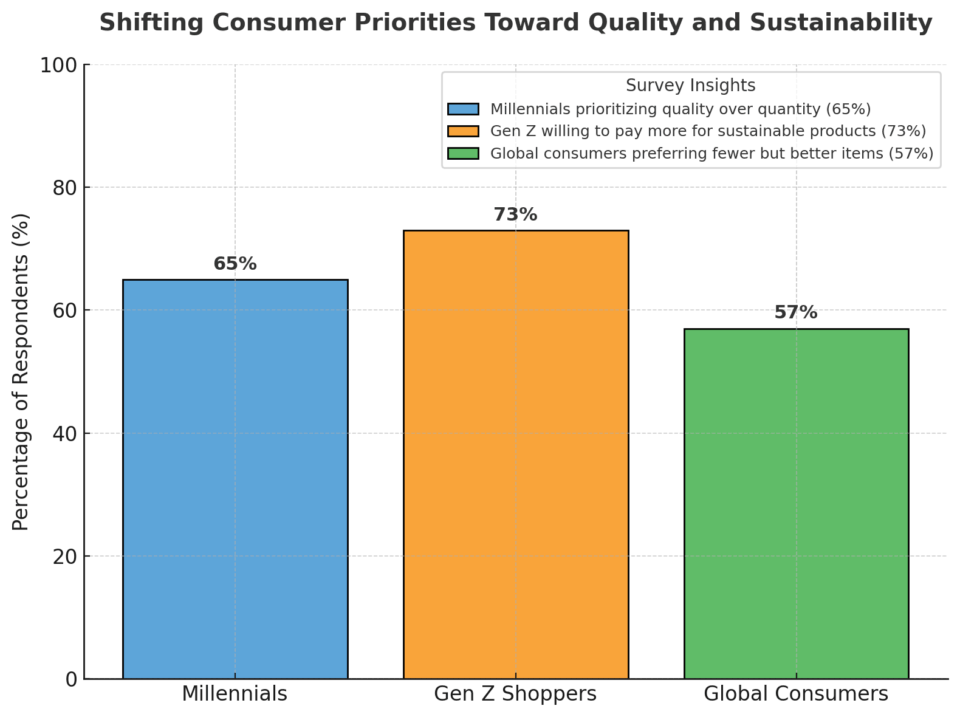 Bar chart showing consumer priorities: Millennials 65%, Gen Z 73%, global 57% prioritizing quality and sustainability.