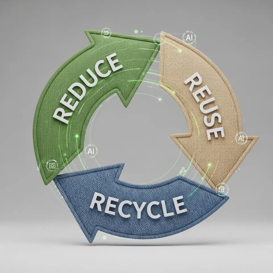 Recycle symbol with arrows labeled Reduce, Reuse, Recycle, emphasizing sustainable practices.
