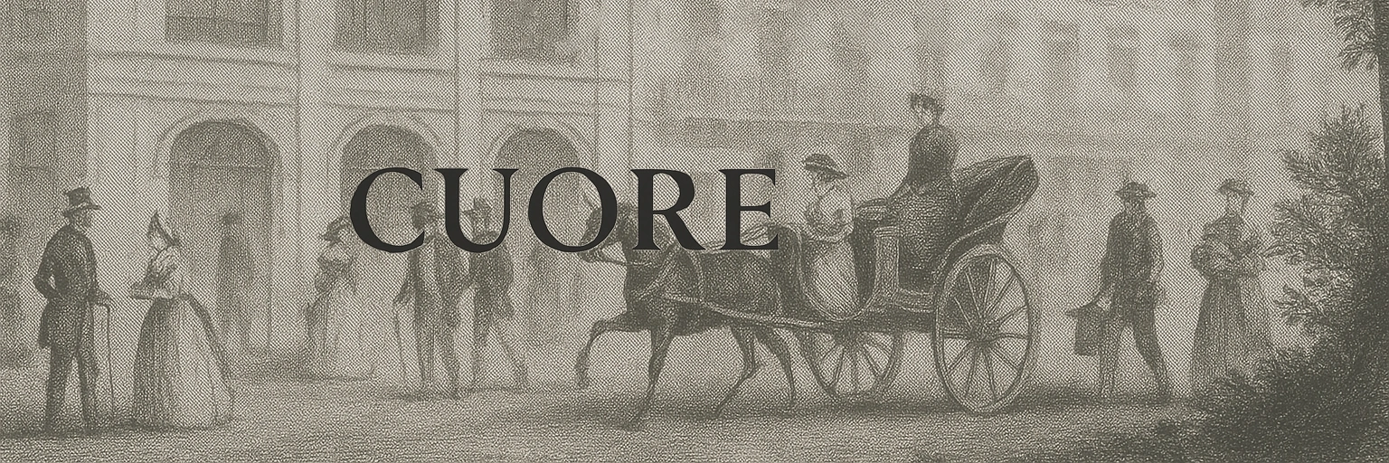 Vintage city scene with horse-drawn carriage and pedestrians, overlaid text Cuore in bold.